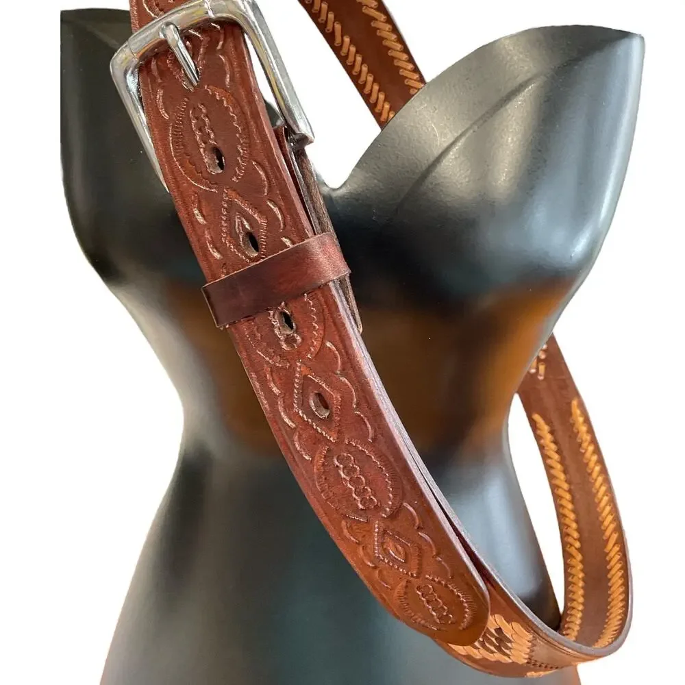 Brown Leather Mens 42‎ Western Belt Tan Dk Brown Stitching Southwest Cowboy